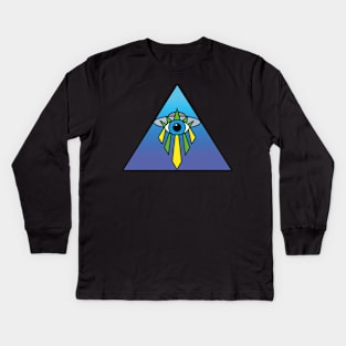 Illuminati Pyramid UFO Eye Art Deco Geometric Twilight Blue Gradient Fade Space Sky Kids Long Sleeve T-Shirt